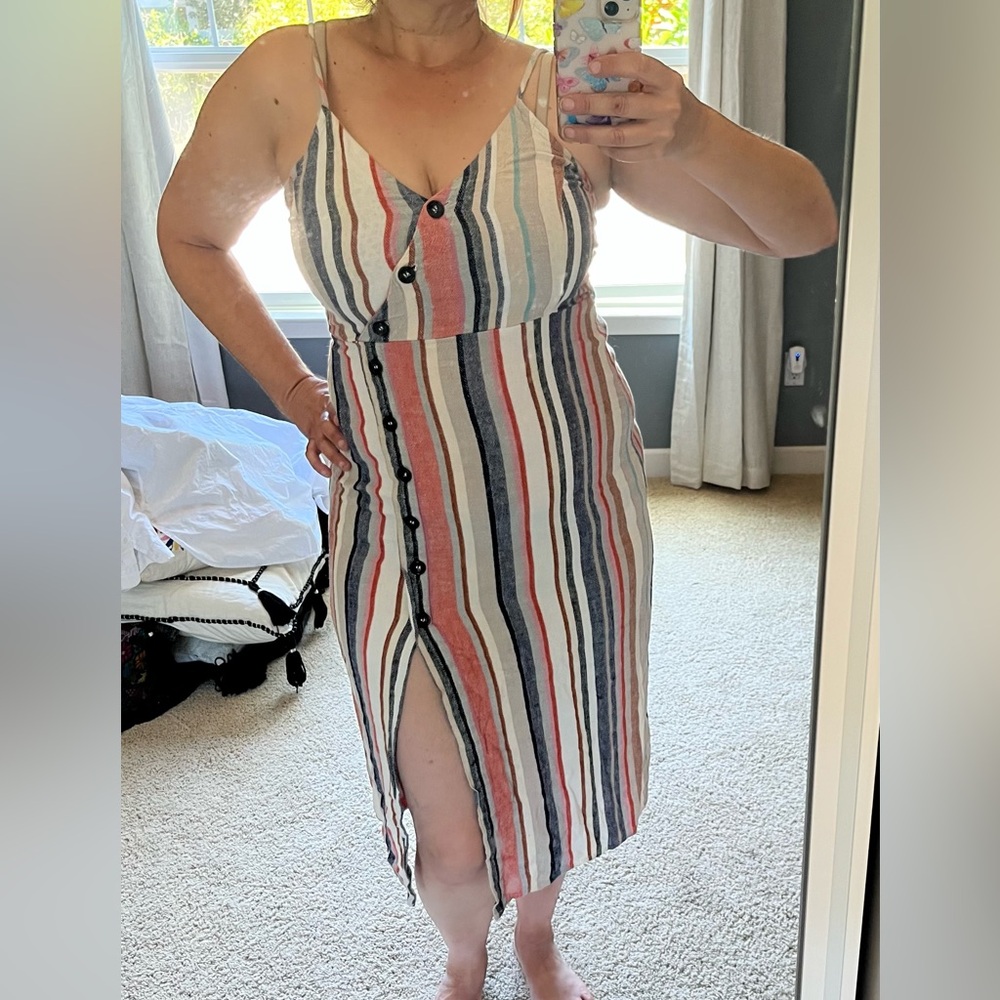 Striped Button-Front Midi Dress in Multi-Stripe